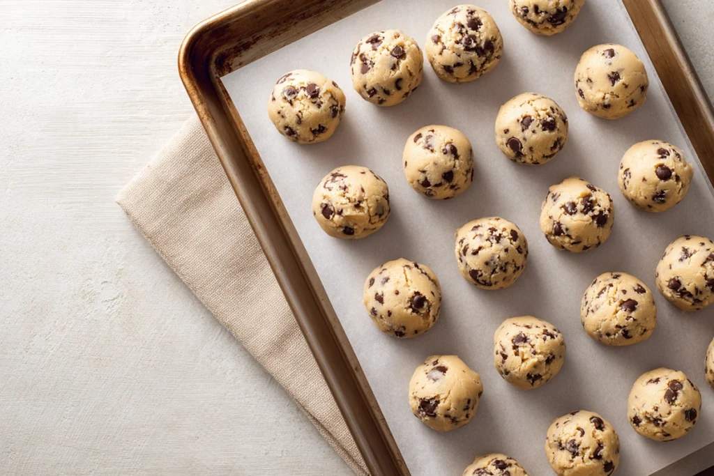 Best Chocolate Chip Cookie Recipe: Chewy, Gooey, and Perfect Every Time 10 Cookie dough balls with chocolate chips arranged on a parchment-lined baking sheet ready to bake in a modern kitchen.