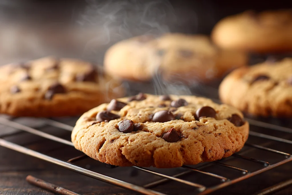 Best Chocolate Chip Cookie Recipe: Chewy, Gooey, and Perfect Every Time 11 Freshly baked chocolate chip cookies cooling on a wire rack, golden edges and melted chocolate visible under soft daylight.