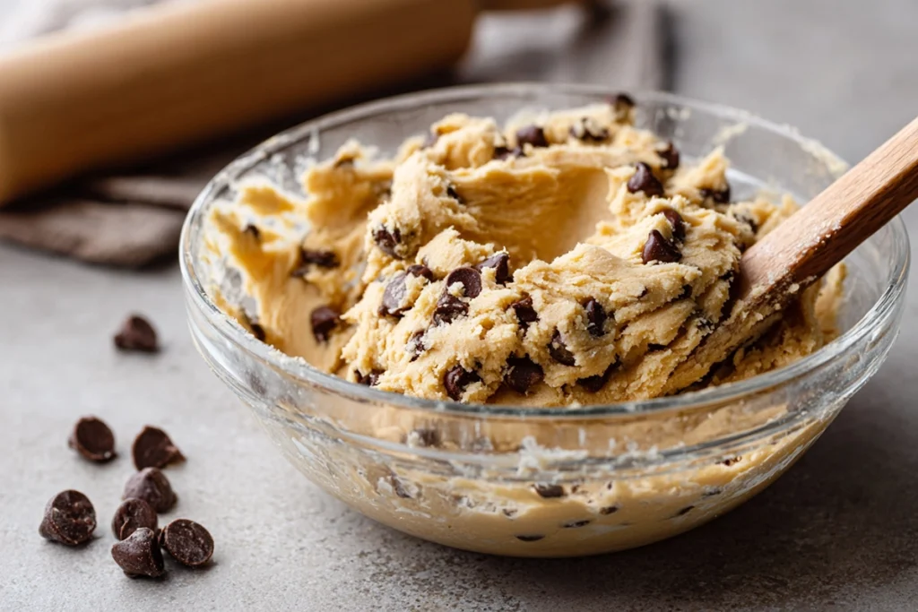 Best Chocolate Chip Cookie Recipe: Chewy, Gooey, and Perfect Every Time 9 Cookie dough with chocolate chips being mixed in a glass bowl on a bright kitchen counter with soft natural lighting.