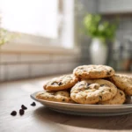 Best Chocolate Chip Cookie Recipe: Chewy, Gooey, and Perfect Every Time 7 Chewy chocolate chip cookies stacked on a white plate in a bright modern kitchen with natural daylight and soft background blur.