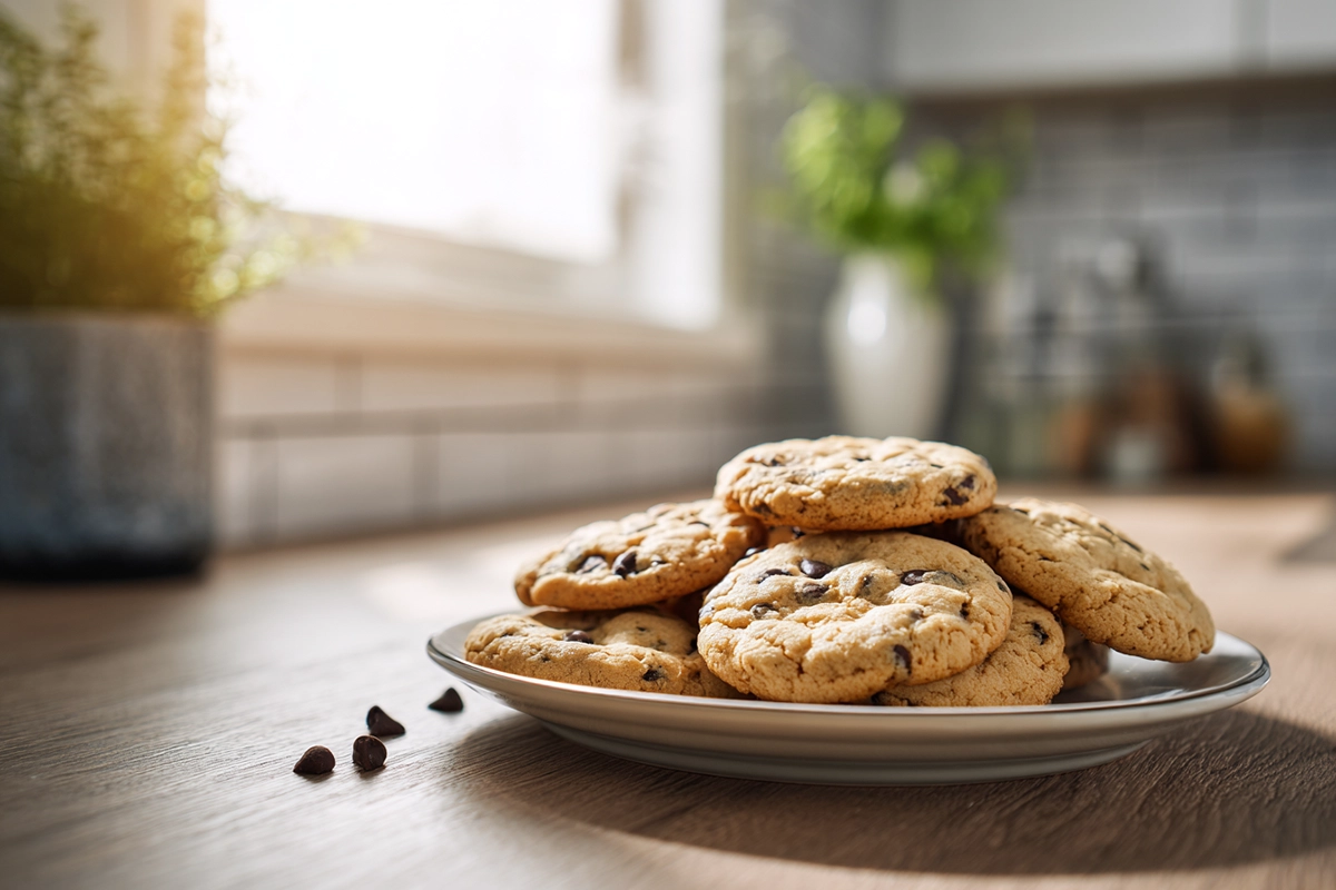 Best Chocolate Chip Cookie Recipe: Chewy, Gooey, and Perfect Every Time 6 Chewy chocolate chip cookies stacked on a white plate in a bright modern kitchen with natural daylight and soft background blur.