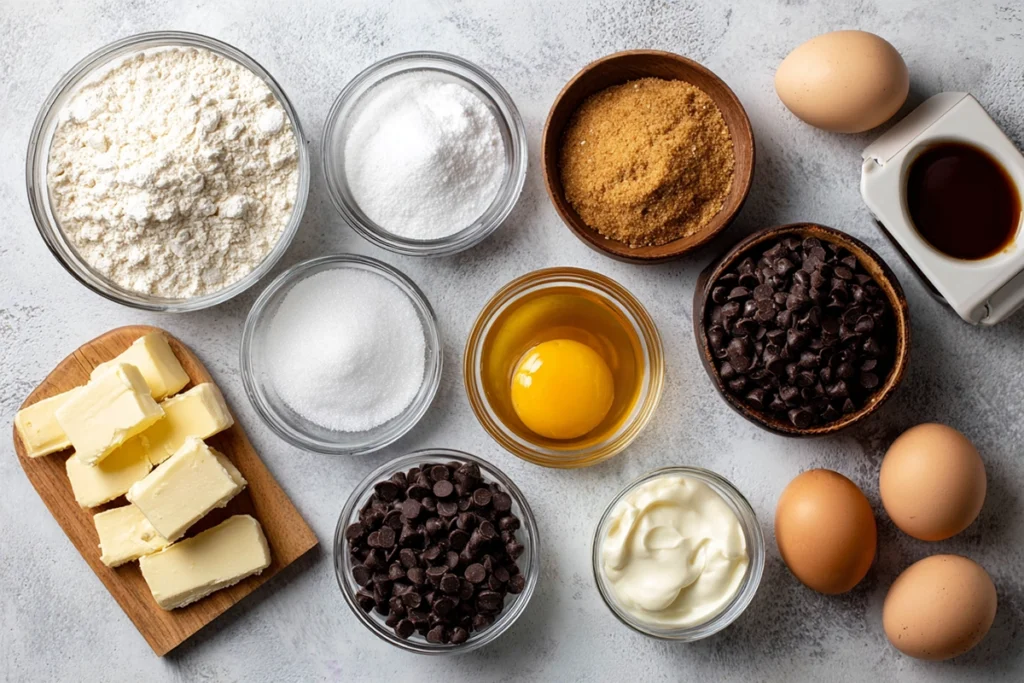 Best Chocolate Chip Cookie Recipe: Chewy, Gooey, and Perfect Every Time 8 Top view of chocolate chip cookie ingredients neatly arranged in glass bowls on a modern kitchen counter under natural daylight.