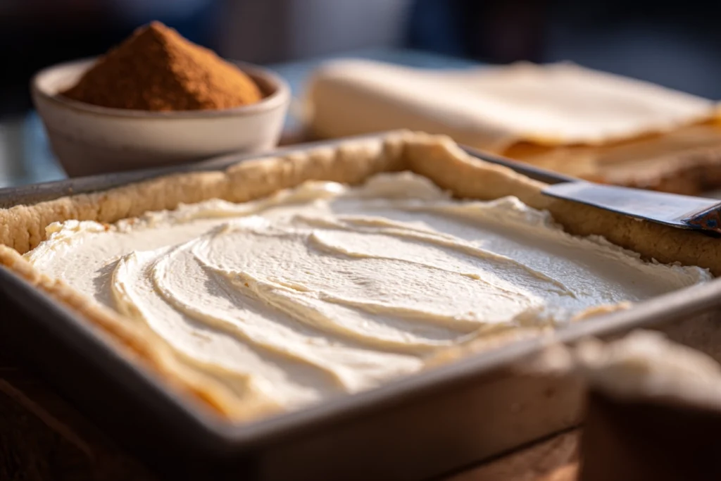 Churro Cheesecake: The Irresistible Dessert Mash-Up You’ll Crave Again and Again 8 cheesecake filling layer spread over dough for churro cheesecake in baking dish