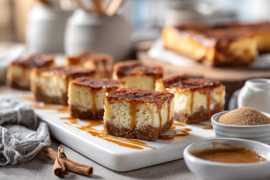 Churro Cheesecake: The Irresistible Dessert Mash-Up You’ll Crave Again and Again 10 churro cheesecake bars with caramel drizzle served on white platter in bright modern kitchen