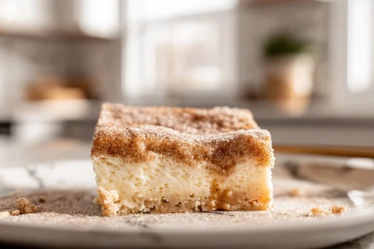 close-up of churro cheesecake slice with cinnamon sugar crust and caramel drizzle in modern kitchen