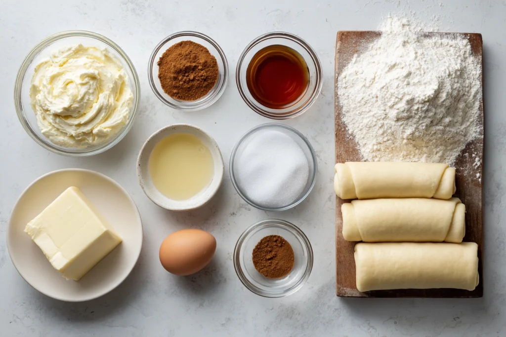 Churro Cheesecake: The Irresistible Dessert Mash-Up You’ll Crave Again and Again 7 overhead view of churro cheesecake ingredients in glass bowls on white kitchen counter