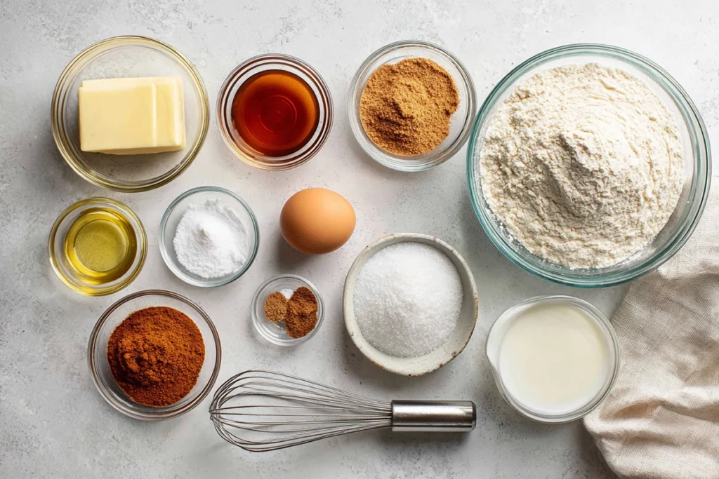 overhead photo of cinnamon swirl snickerdoodle blondies ingredients on kitchen counter