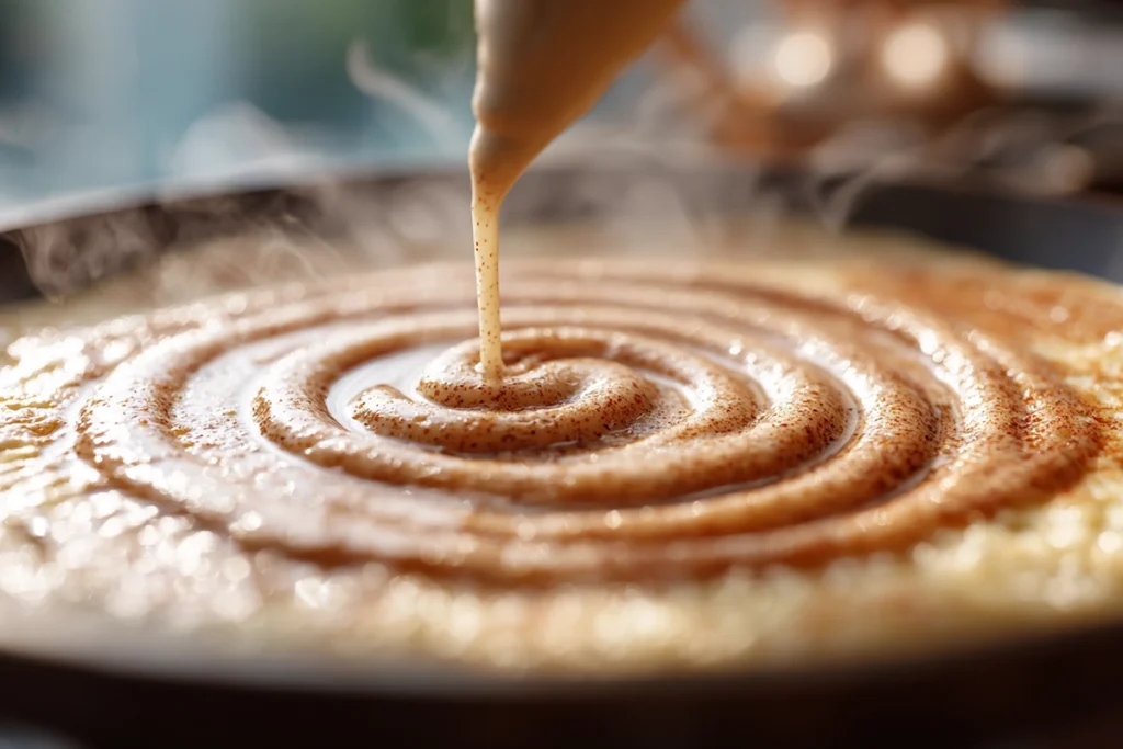 Fluffy Vegan Cinnamon Roll Pancakes That Taste Like a Cozy Morning Hug 8 close-up of cinnamon swirl being piped into vegan pancake batter on skillet