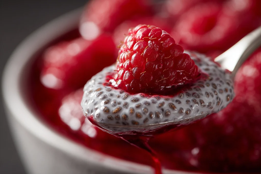 close-up spoonful of raspberry chia pudding showing creamy texture and fresh raspberries