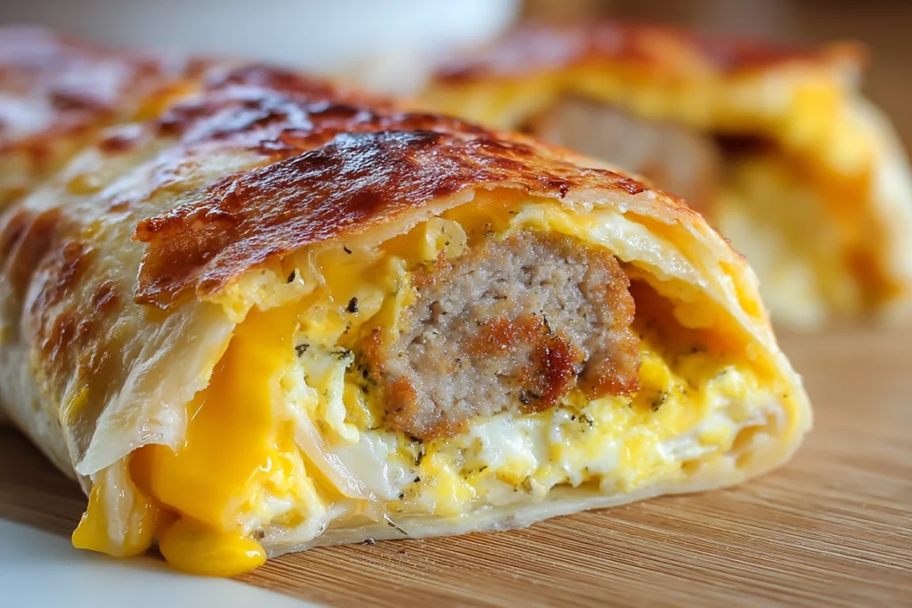 Irresistible Sausage Egg Breakfast Roll Ups That Make Mornings Easy 10 macro shot of sliced sausage egg breakfast roll up showing cheese egg and flaky dough