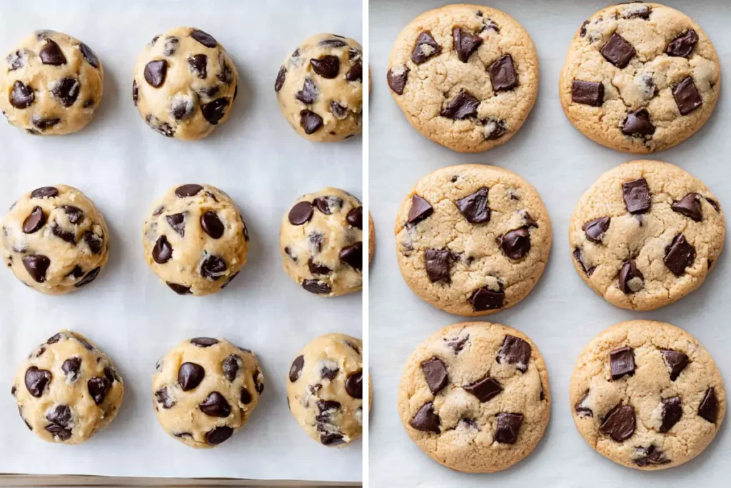 Best Chocolate Chip Cookie Recipe for Soft Centers and Crisp Edges 10 Chocolate chip cookie dough before baking and soft golden cookies after baking