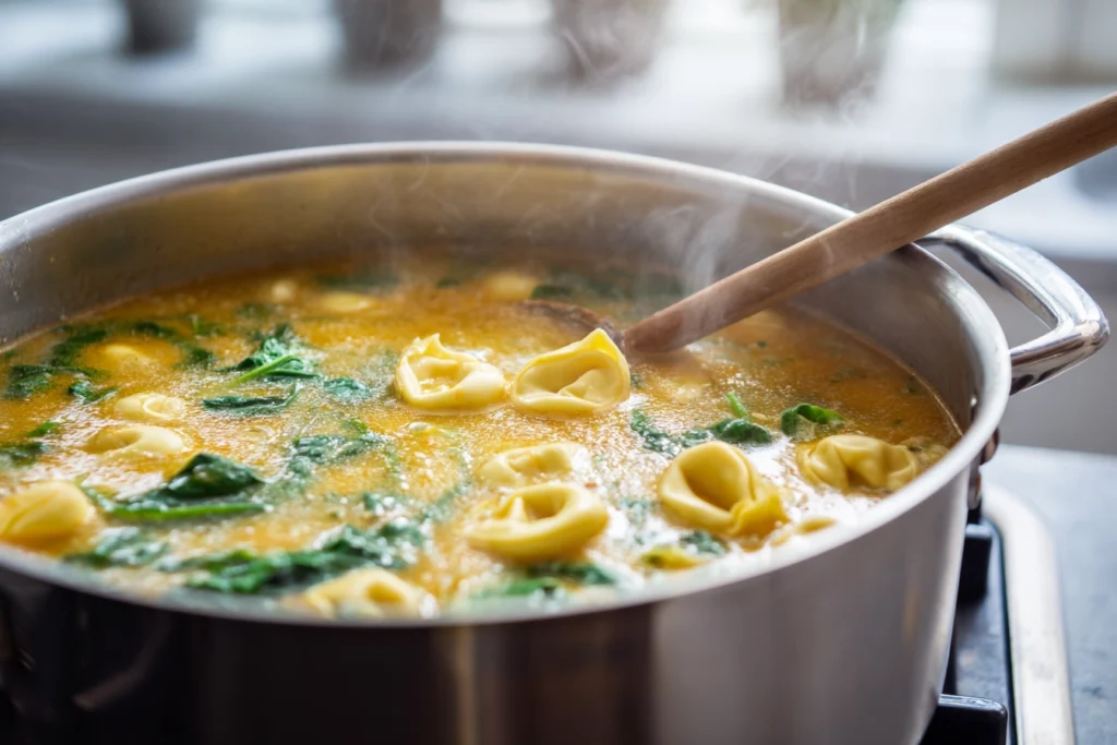 close-up of tortellini simmering in creamy pumpkin broth for autumn tortellini soup