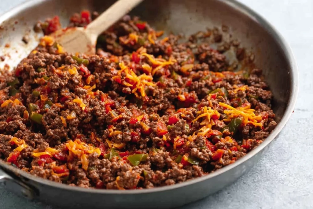 Beef filling cooking for beef cheese empanadas in a skillet