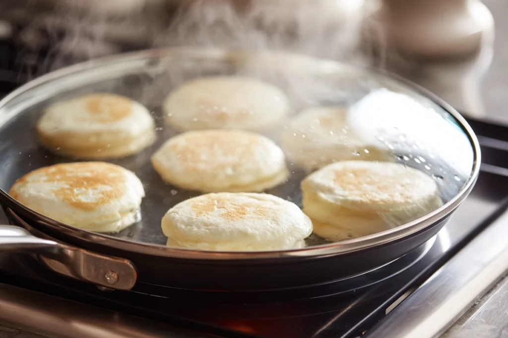Japanese soufflé pancakes cooking slowly in a covered pan