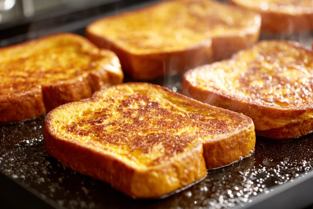 Cozy Pumpkin French Toast Breakfast You’ll Want Every Fall Weekend 9 pumpkin french toast breakfast slices cooking on buttered griddle with natural light in modern kitchen