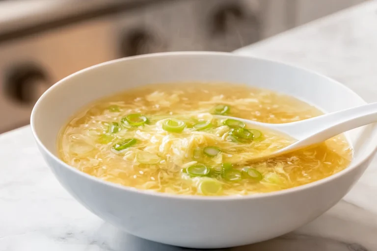 Photorealistic image of copycat egg drop soup with silky egg ribbons and green onions in a modern kitchen