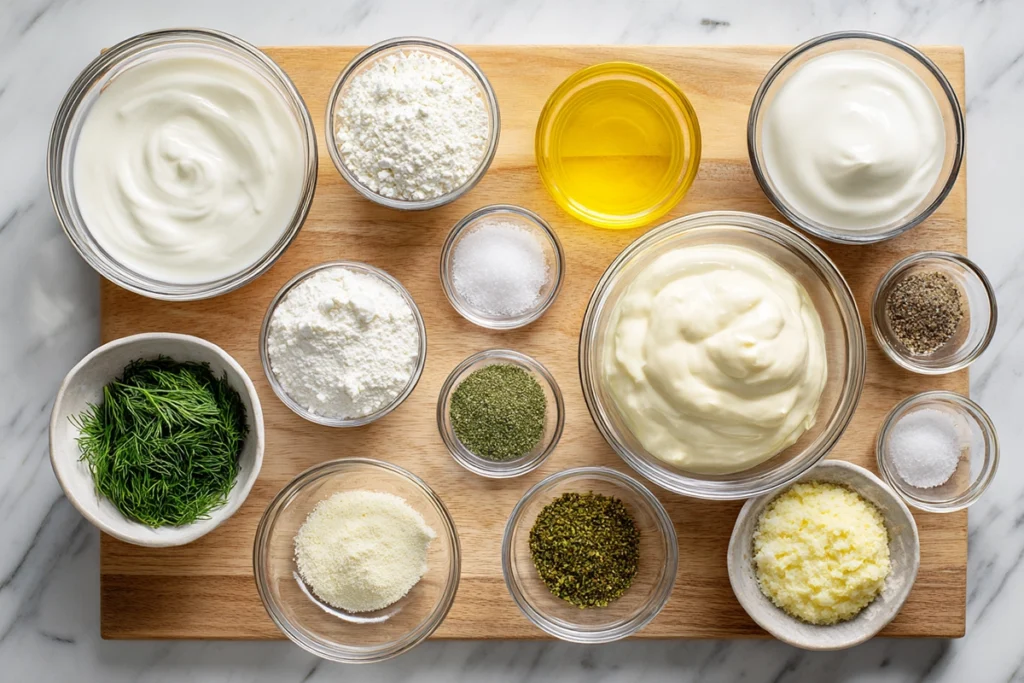 Ingredients for Copycat Hidden Valley Ranch Dressing arranged overhead