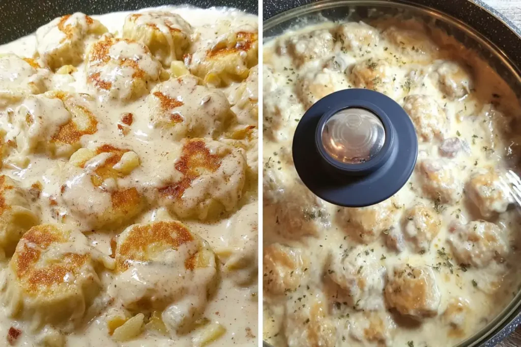 Covered skillet braising pan-fried dumplings with sour cream sauce