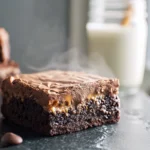 gooey crack brownies with glossy tops on white plate in modern kitchen