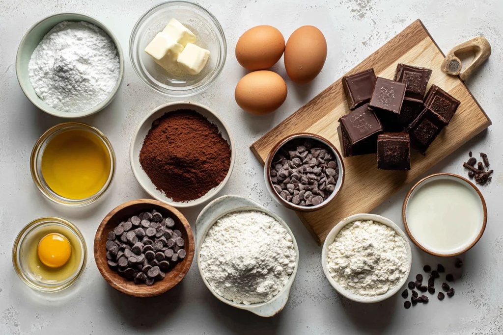 overhead view of crack brownies ingredients in glass bowls on wooden board