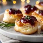 Irresistible Cranberry Brie Bites – The Perfect Holiday Appetizer 7 golden cranberry brie bites on white plate in modern kitchen setting