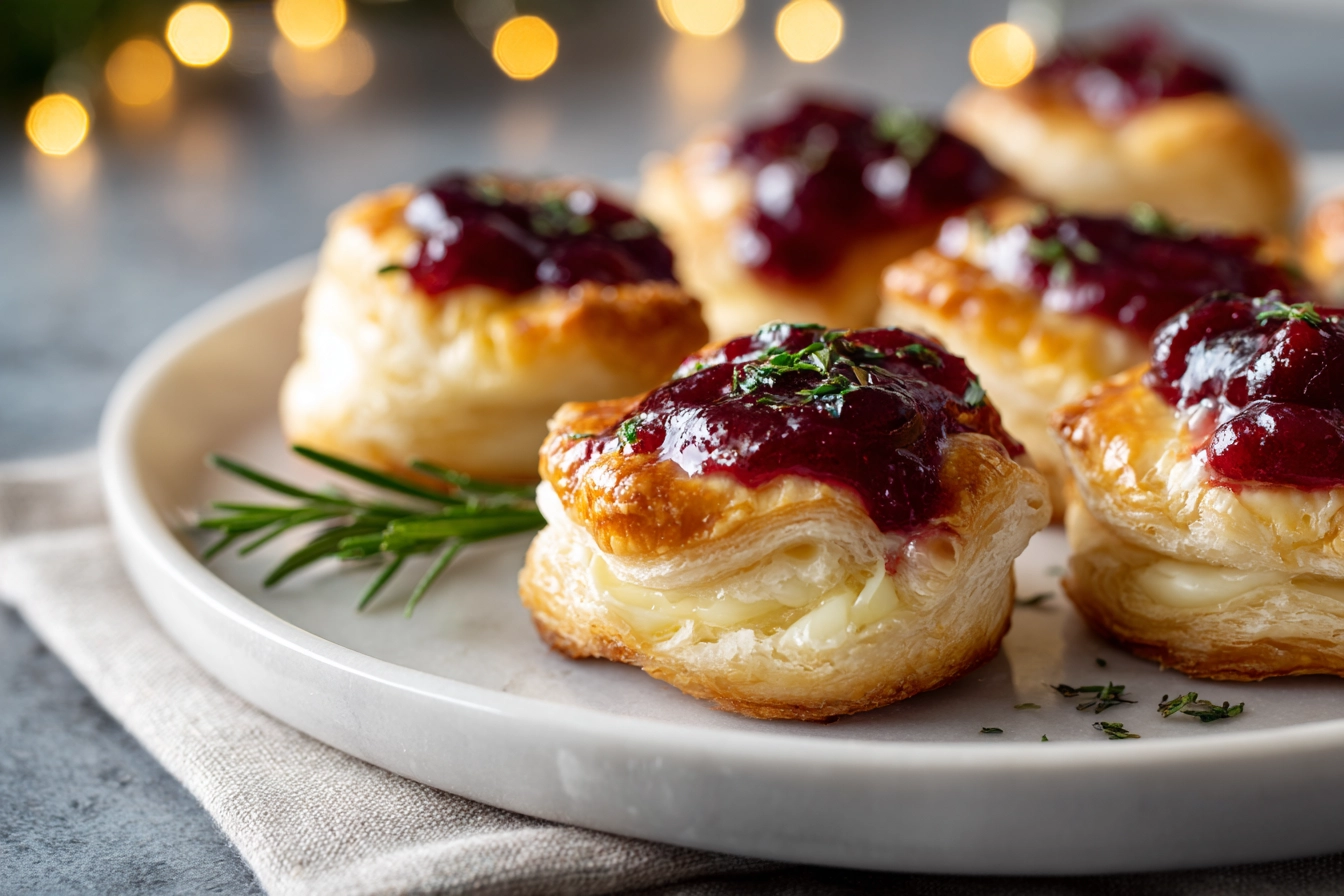 Irresistible Cranberry Brie Bites – The Perfect Holiday Appetizer 6 golden cranberry brie bites on white plate in modern kitchen setting