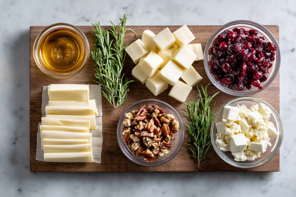 Irresistible Cranberry Brie Bites – The Perfect Holiday Appetizer 8 overhead view of ingredients for cranberry brie bites on marble surface