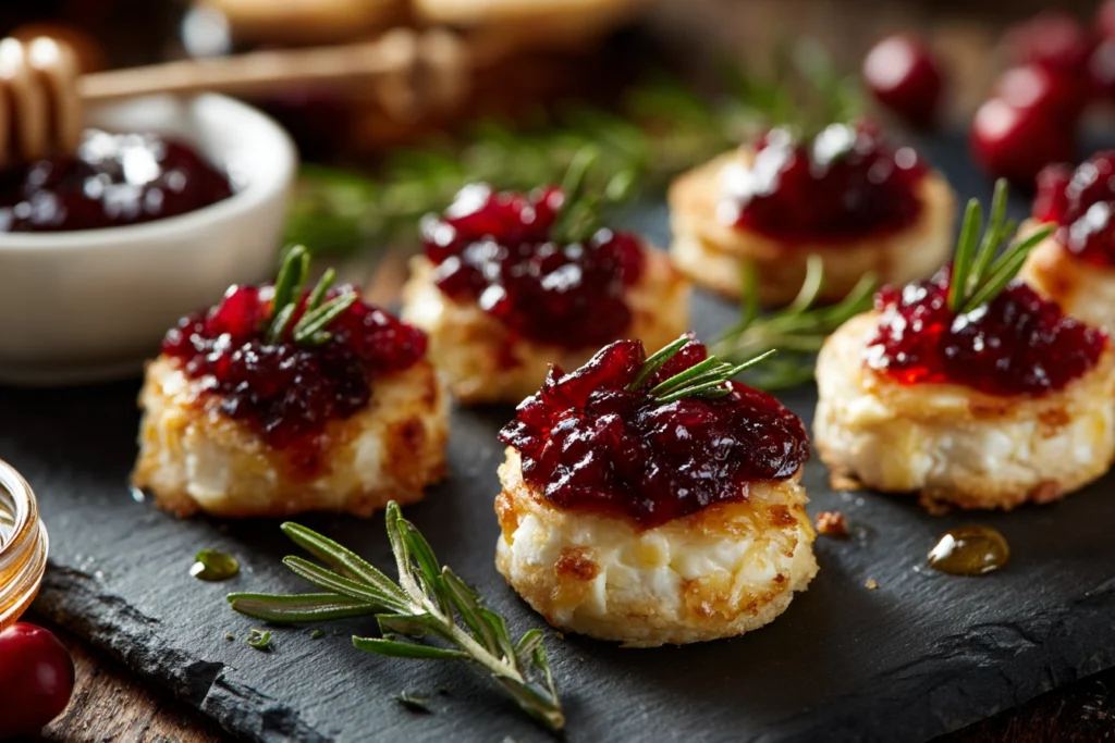 Irresistible Cranberry Brie Bites – The Perfect Holiday Appetizer 11 cranberry brie bites served on slate board with rosemary and honey