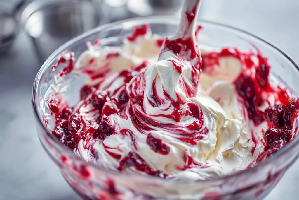 Cranberry Cream Cheese Crescent Bites – The Sweet & Tangy Holiday Favorite 9 close-up of cranberry and cream cheese filling mixture for crescent bites in glass bowl