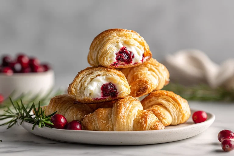 golden cranberry cream cheese crescent bites on white plate in modern kitchen