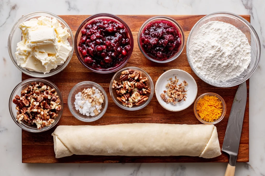 Cranberry Cream Cheese Crescent Bites – The Sweet & Tangy Holiday Favorite 8 overhead photo of cranberry cream cheese crescent bite ingredients arranged in glass bowls