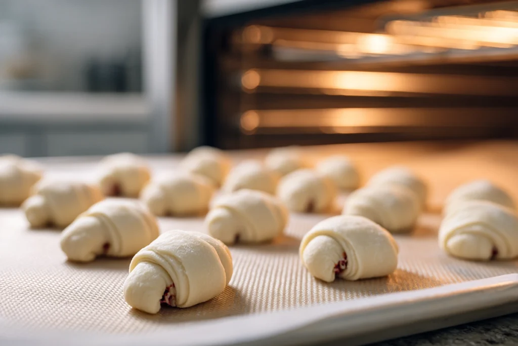 Cranberry Cream Cheese Crescent Bites – The Sweet & Tangy Holiday Favorite 10 uncooked cranberry cream cheese crescent bites arranged on baking sheet before oven