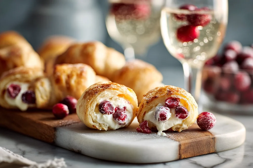 Cranberry Cream Cheese Crescent Bites – The Sweet & Tangy Holiday Favorite 11 cranberry cream cheese crescent bites served on wooden board with festive garnish