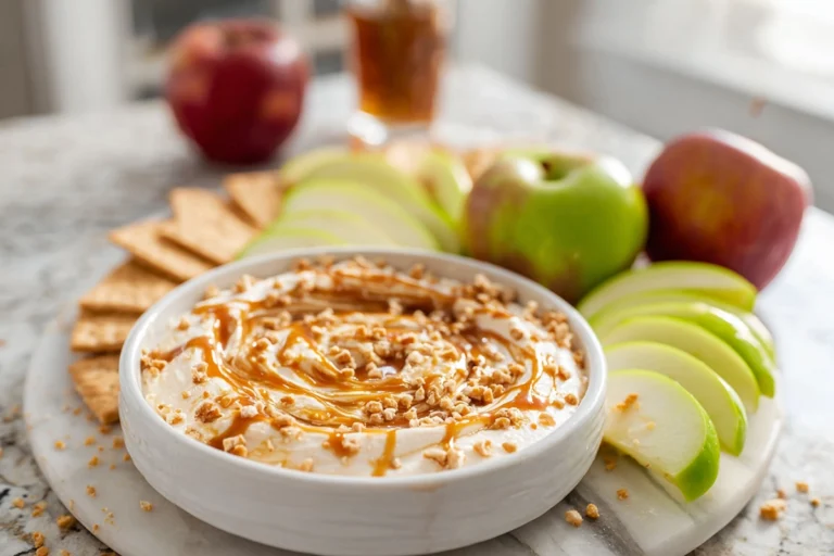 Cream cheese caramel apple dip served in a modern kitchen with apple slices and caramel drizzle