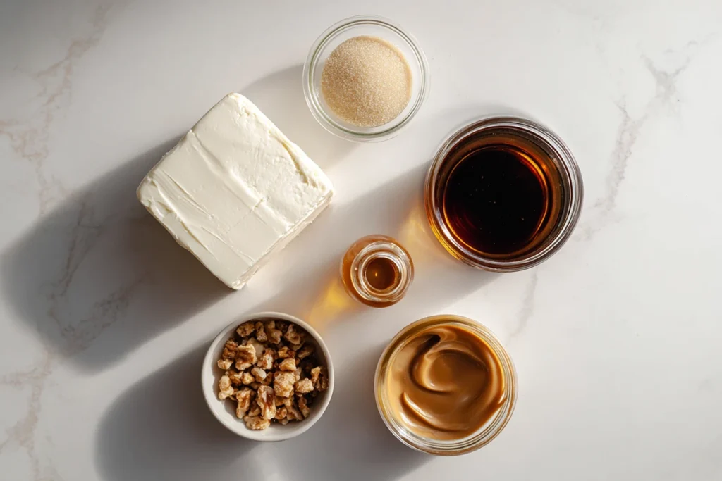 Ingredients for cream cheese caramel apple dip arranged on a marble countertop
