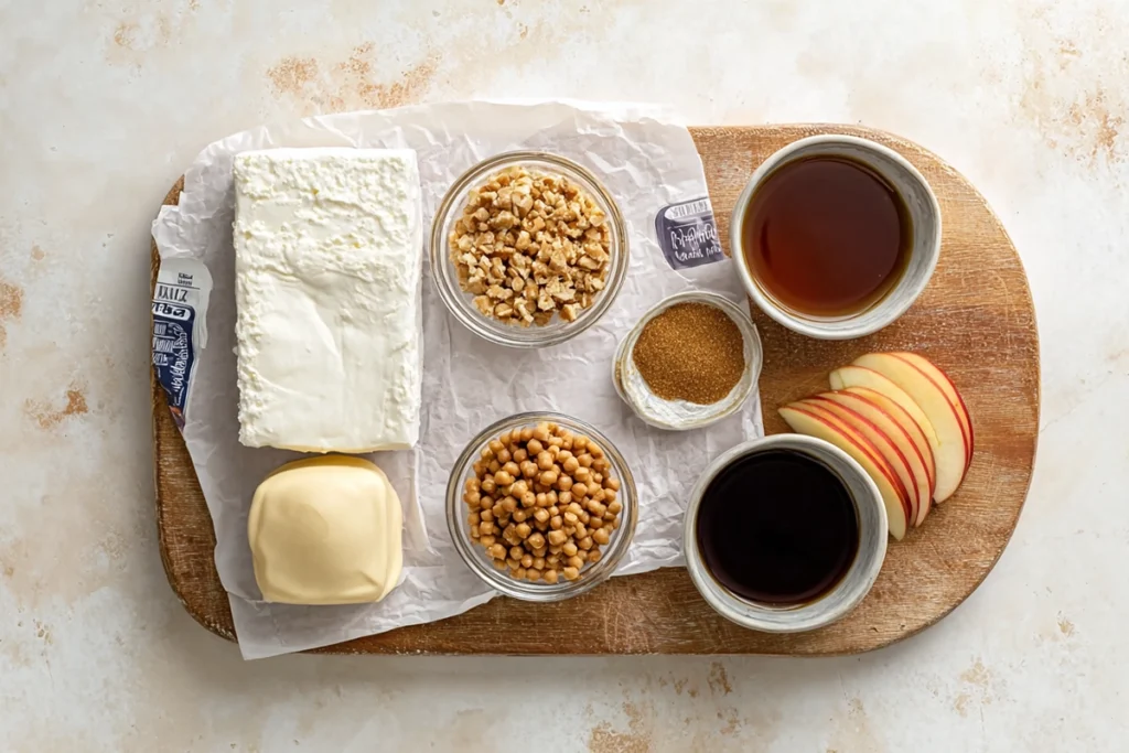 Cream Cheese Caramel Apple Dip – A Sweet Fall Favorite You’ll Crave All Year 8 Overhead flat lay of cream cheese caramel apple dip ingredients on a marble countertop