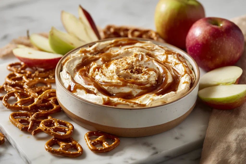 Cream cheese caramel apple dip served with sliced apples and pretzels