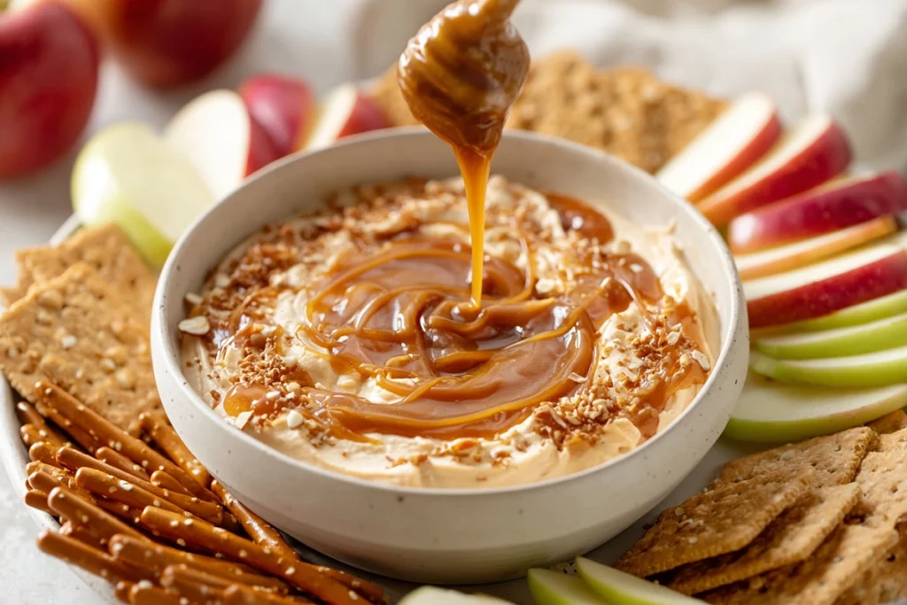 Cream Cheese Caramel Apple Dip – A Sweet Fall Favorite You’ll Crave All Year 11 Cream cheese caramel apple dip served with apple slices, pretzels, and crackers on a modern platter