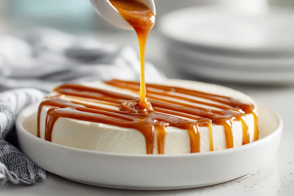 Caramel drizzled over cream cheese layer for apple dip