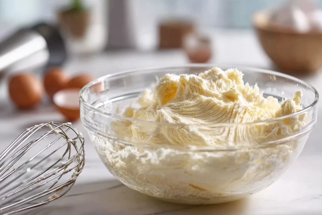 Creaming butter and sugar for Sugar Cookie Bars in a glass mixing bowl