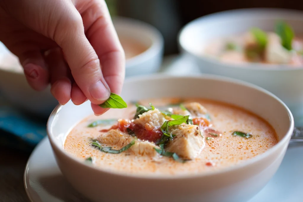Creamy Chicken Parmesan Soup: Cozy Italian-Style One-Pot Comfort 11 Plating creamy chicken parmesan soup with basil garnish in a bright modern kitchen, ready to serve.