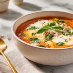Creamy Chicken Parmesan Soup: Cozy Italian-Style One-Pot Comfort 7 Photorealistic close-up of creamy chicken parmesan soup garnished with fresh basil and melted cheese in a modern kitchen setting