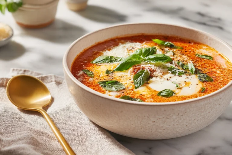Creamy Chicken Parmesan Soup: Cozy Italian-Style One-Pot Comfort 8 Photorealistic close-up of creamy chicken parmesan soup garnished with fresh basil and melted cheese in a modern kitchen setting