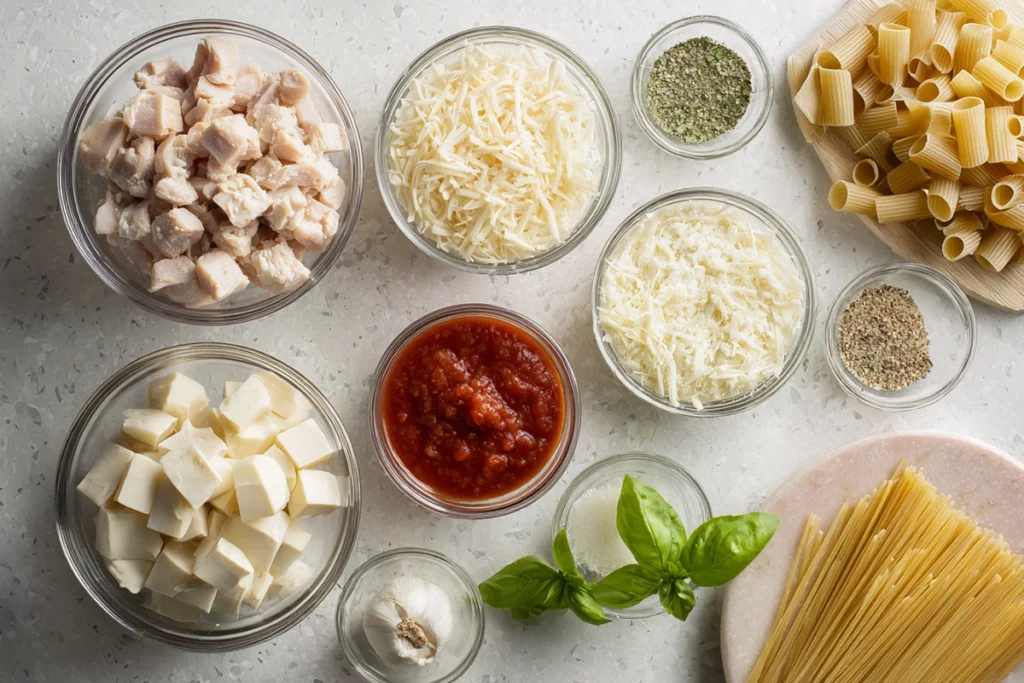 Creamy Chicken Parmesan Soup: Cozy Italian-Style One-Pot Comfort 8 Overhead shot of ingredients for creamy chicken parmesan soup arranged in glass bowls and on a wooden board in a bright modern kitchen