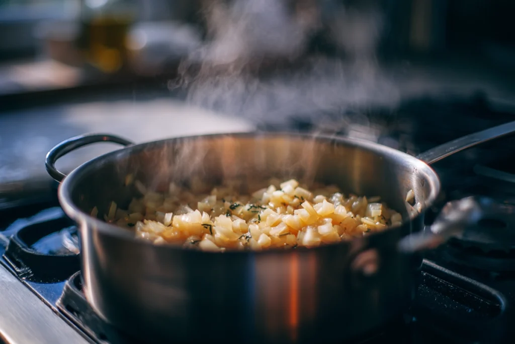 Creamy Chicken Parmesan Soup: Cozy Italian-Style One-Pot Comfort 9 Sautéing onions and garlic in a stainless-steel pot for creamy chicken parmesan soup under bright natural daylight.
