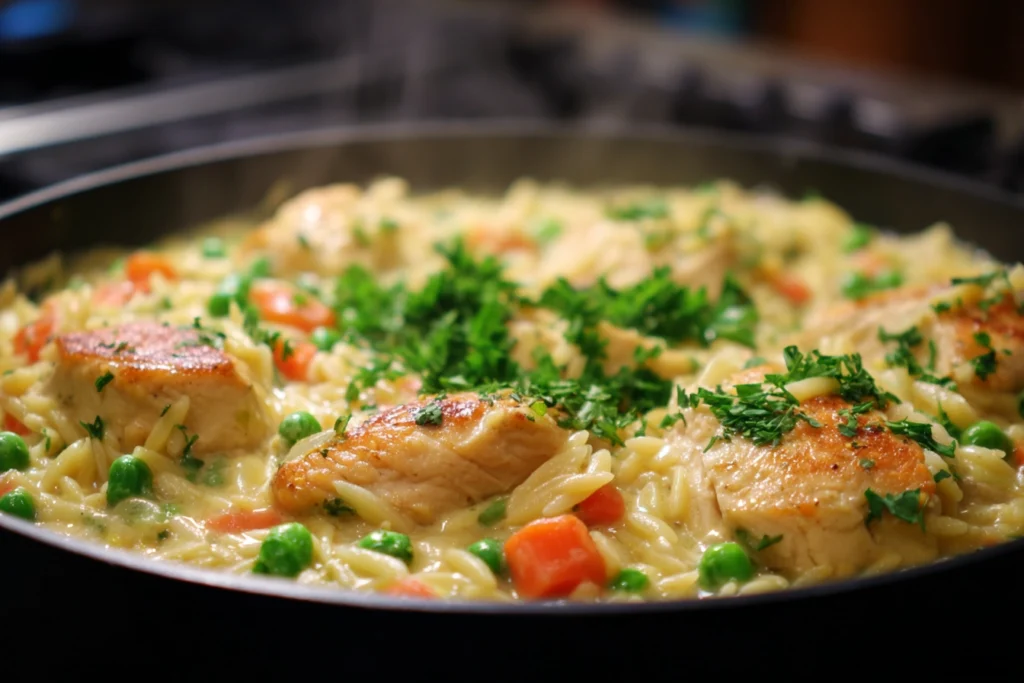 Creamy Chicken Pot Pie Orzo: The Ultimate One-Pot Comfort Dinner 6 close-up of creamy chicken pot pie orzo showing texture and garnish