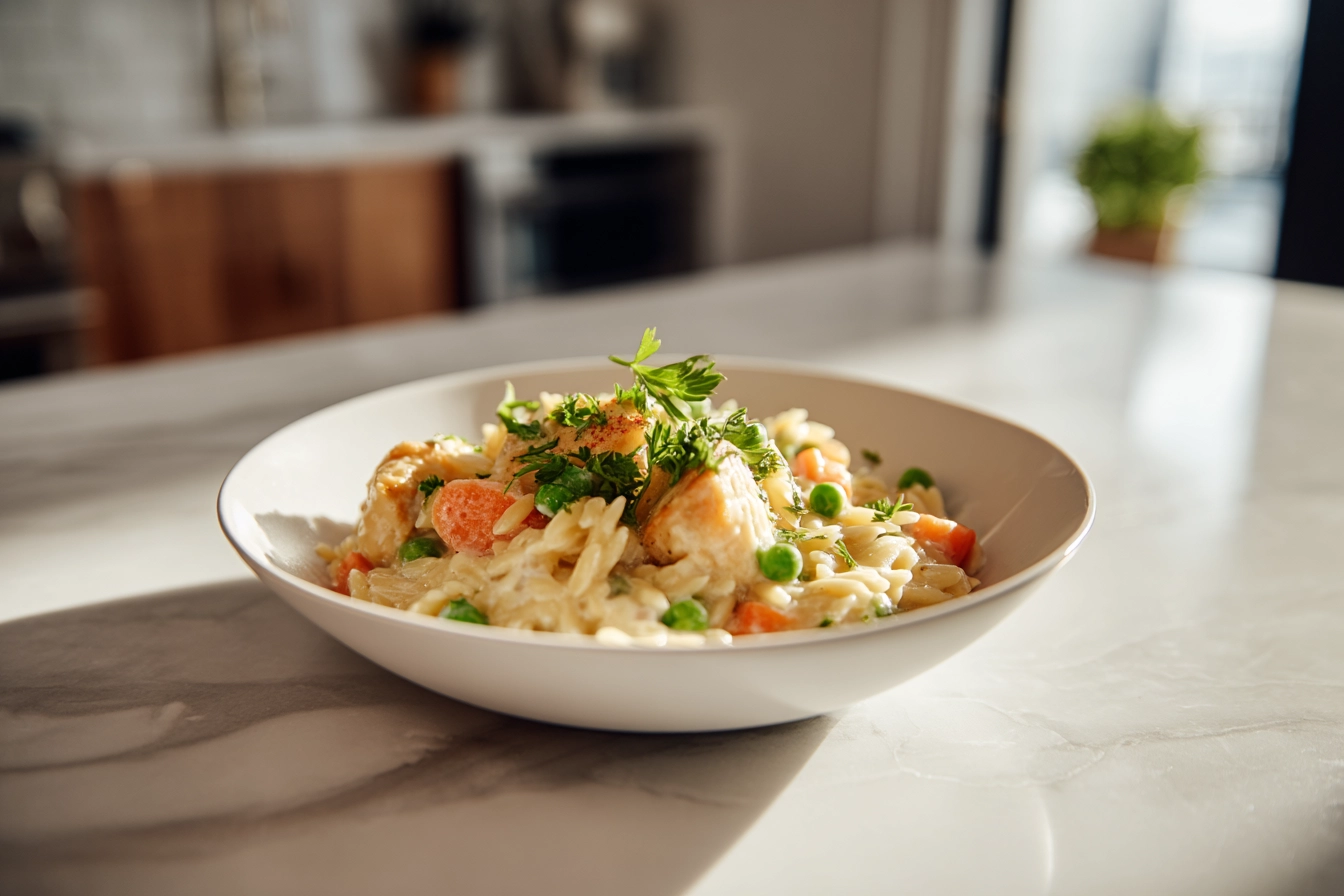 Creamy Chicken Pot Pie Orzo: The Ultimate One-Pot Comfort Dinner 4 creamy chicken pot pie orzo served on marble countertop in bright modern kitchen
