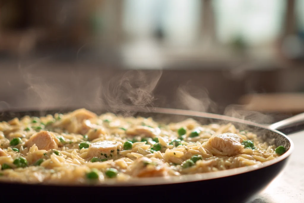 Creamy Chicken Pot Pie Orzo: The Ultimate One-Pot Comfort Dinner 5 creamy sauce with chicken orzo and peas simmering in stainless pan