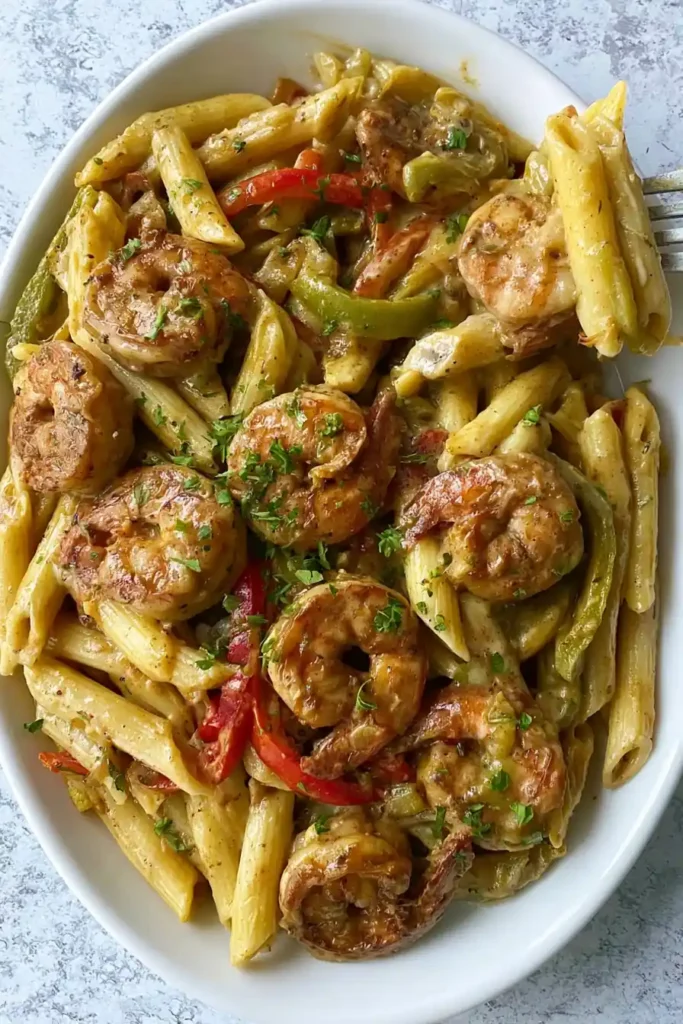 Creamy Jamaican Shrimp Pasta with Jerk Seasoning 3 Close-up of Creamy Jamaican Shrimp Pasta with seared jerk shrimp and peppers