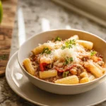 creamy Jamaican shrimp pasta plated fresh in a modern home kitchen